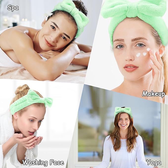 Casoty 10 Pcs Green Face Wash Headbands, Spa Gifts for Women Girls, Soft Coral Fleece Skincare Headband, Bow Hair Bands, Spa Headbands for Face Washing Shower Skin Care Yoga