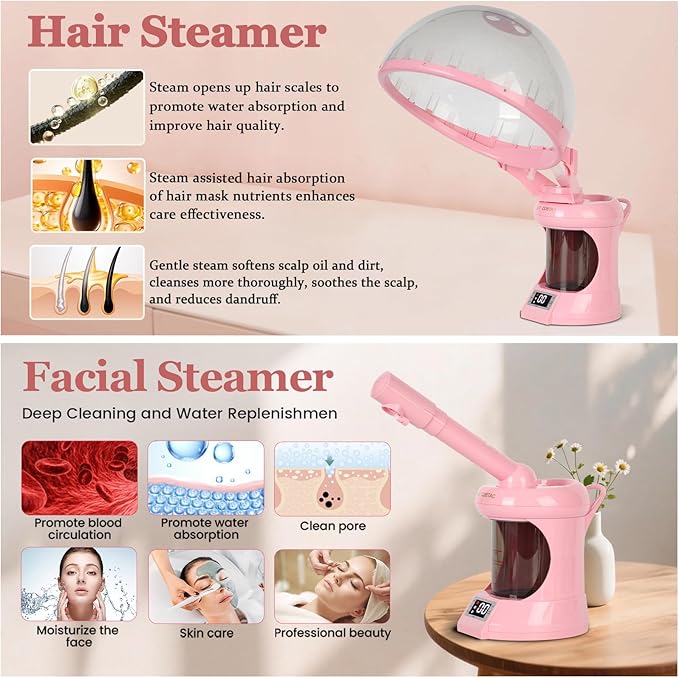 Hair Steamer,2-in-1 Hair and Facial Steamer for Deep Conditioning and Deep Cleaning Suitable for Family Use or Small Salon Shops