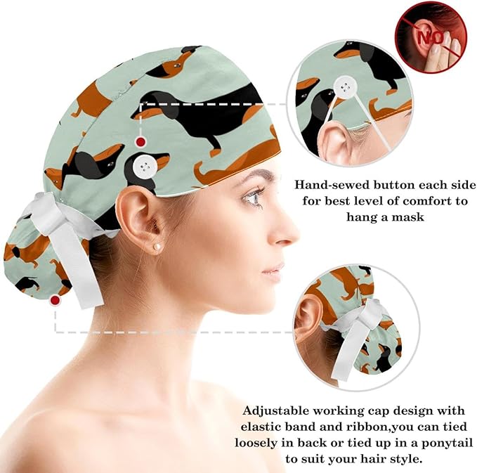 Adjustable Brown Dachshund Dog Blue Surgical Scrub Cap with Button,Sweatband for Women with Bow Hair Scrunchy