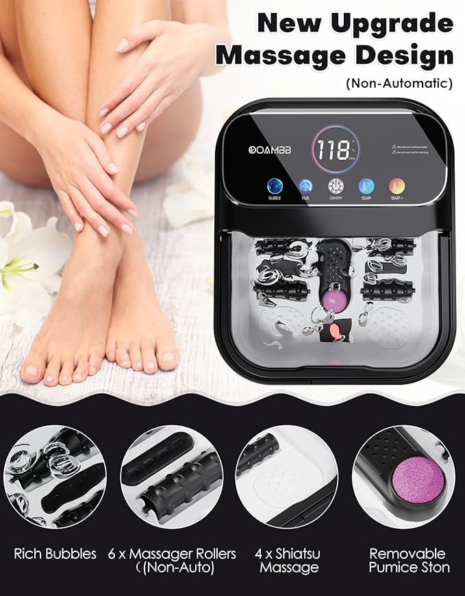 OOAMBB Collapsible Foot Spa with Heat, Bubble,Temp Control,Remote Control, Color Touch Screen Foot Bath Massager with 6 Massage Rollers,Foot Soaking Tub (Black)