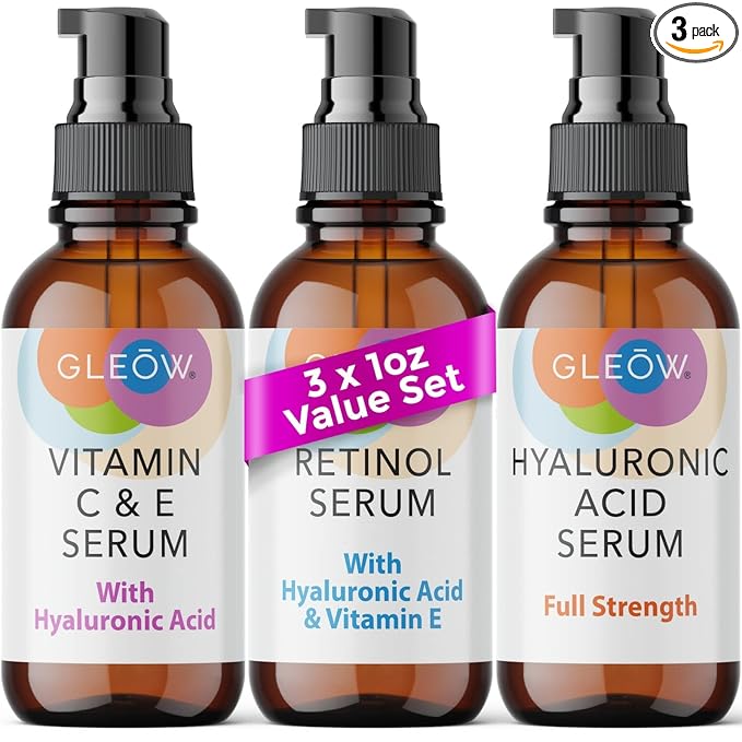 GLEOW Retinol Serum for Face, Vitamin C with Hyaluronic Acid Face Serum for Women and Men, Glow Skin Care Set Total Package Targets Appearance of Uneven Skin Tone and Dryness 3x1oz