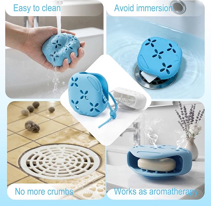 2 Pack Shower Steamer Holder Suction Cup, Silicone Bathroom Accessories with Adjustable Hanging Strap, Non-Slip Aromatherapy Diffuser Container, White & Blue