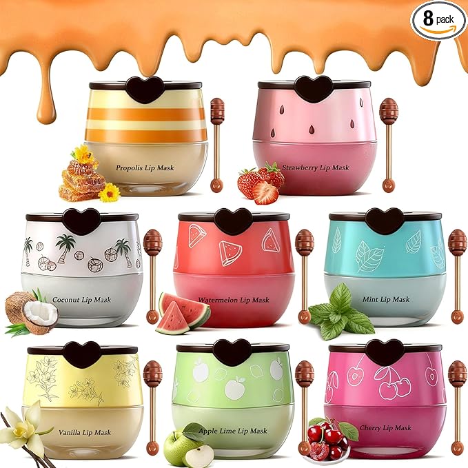 8PCS Bee Lip Balm Pot, Fruit Moisturizing Propolis Lip Mask, Lip Mask Overnight Moisturizing Lip Balm Hydrating Prevention Dry and Crack Lip Scrubs Exfoliator Lip Wrinkle Care Products (SET B)