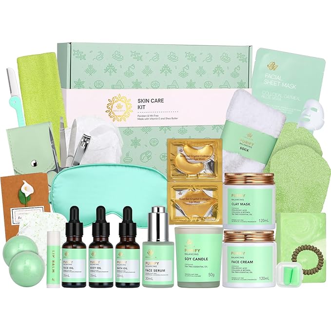 30 Pcs Mother's Day Gift for Mom, Facial Skin Care Set for Men & Women, Self-Care Home Spa Gift Basket Set, Tea Tree Essential Oil, Dad, Bath & Body Gift Set, Christmas, Anniversary, Birthday, Wife