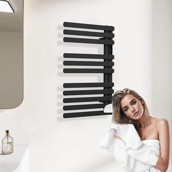 Electric Towel Warmer Rack,Heating Towel Warmer, Timer & Temperature Control, 11 Bar Stainless Steel Towel Heater for Bathroom, Black, Plug-in(31.5x19.69x4.92in) Nordic Style