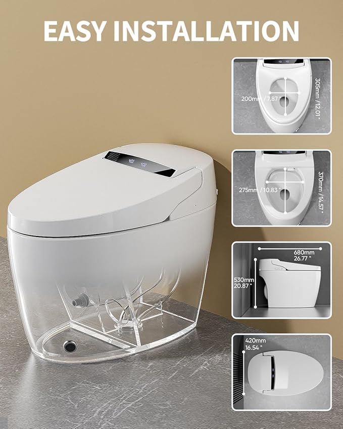 TDH Smart Toilet, Tankless Toilets with Foot Sensor Operation, Heated ToiletSeat with Warm Water Sprayer and Dryer, LED Display with Fahrenheit, Round Toilet Seat