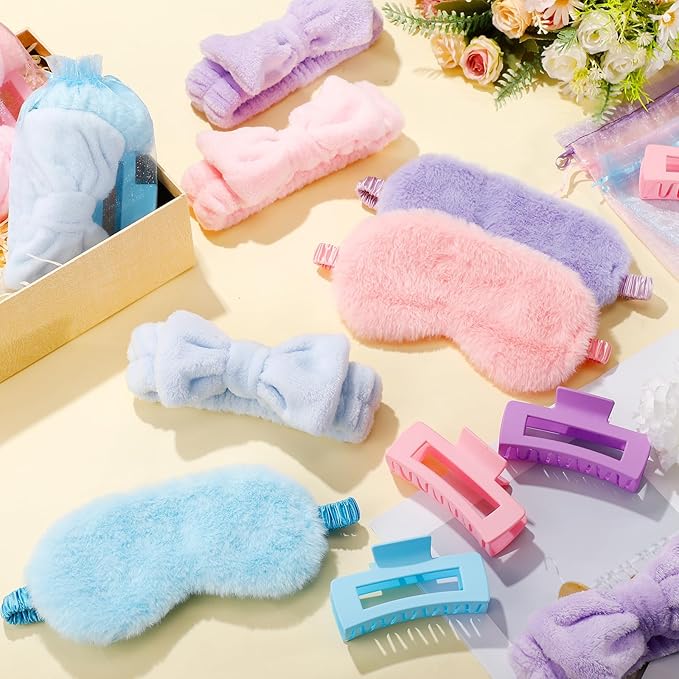 Hoteam 24 Pcs Spa Party Favors Supplies 6 Spa Headband 6 Plush Sleep Eye Mask 6 Hair Claw Clips 6 Clear Cosmetic Bags for Adult Sleepover Slumber Party Graduation Gift(Pink,Blue,Purple)