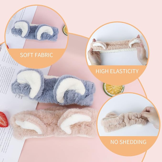 PERFECTSIGHT Kawaii Headband for Spa, Makeup, Washing Face, Party - 2 Pack Cute Hair Band for Shower Beauty Skincare, Soft Facial Headbands for Girls and Women (Blue+Coffee Ear)