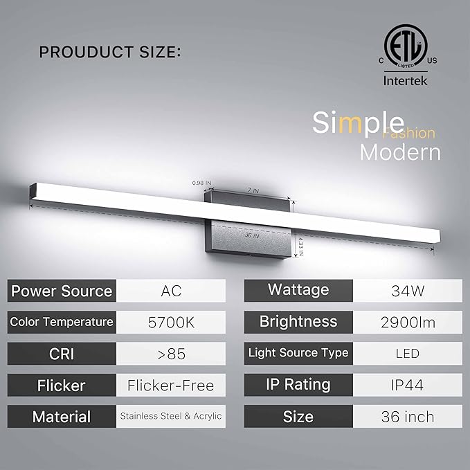 36Inch LED Bathroom Vanity Light Bar 5700K Dimmable Led Bathroom Light Over Mirror Modern Bath Wall Light Cool White ETL Certified 34W