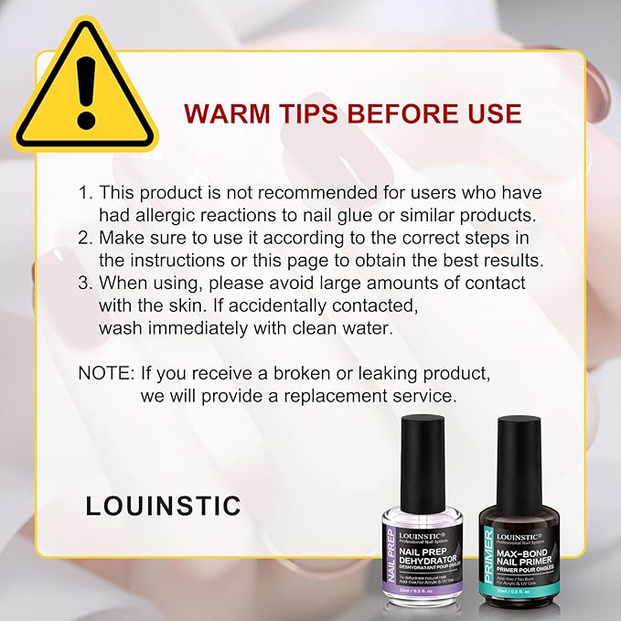 LOUINSTIC Nail Prep Dehydrator and Acid-Free Primer, Quick-Dry & Safe for Nails, for UV Gel, Acrylic, Gel Nail Polish & Press-On Nails Hema-Free – Professional Salon & DIY Manicure Kit, 15ml