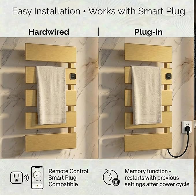 Electric Towel Warmer, Heated Towel Rack with Thermo Control and Timer, Fast Heating Towel Rail for Bathroom with Memroy Function, Work with Smart Plug, Right-Wiring, 5 Panel, Gold