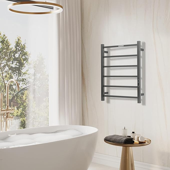 Electric Heated Towel Warmer - Wall Mounted Bathroom Towel Rack, Plug-in Design & Brushed Stainless Steel 6 Bar Gunmetal with Timer & Temperature Control