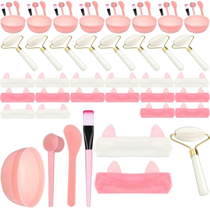 8 Sets Spa Party Supplies include 8 Jade Rollers Face Mask Brushes Face Mask Mixing Bowls Headband for Spa Party Sleepover Slumber Favors