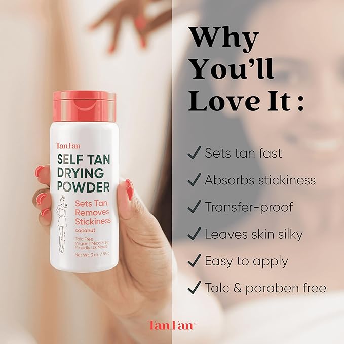 Tan Fan Self Tan Drying Powder Kit - Eliminates Sticky Self Tanner Feel -100% Vegan Natural Talc-Free Light w XL Soft Body Brush To Set Sunless Tanner For Smooth Silky Skin - Coconut 3oz USA Made