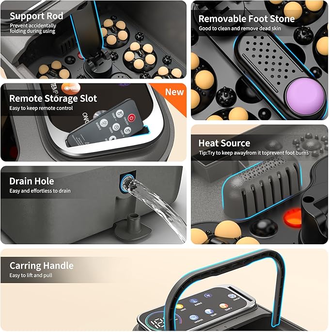 Collapsible Foot Spa Bath with Heat and Massage, Motorized Shiatsu Foot Massager Tub for Plantar Fasciitis & Stress Relief, Temp Control, Bubbles, Remote, Pedicure Spa at Home