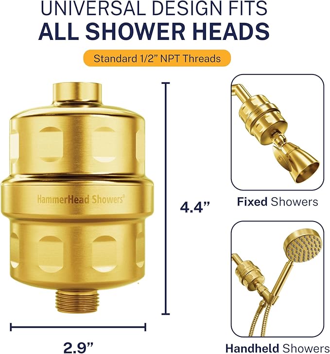 HammerHead Showers® Solid Metal Shower Head Filter – KDF 55 Shower Filter, High Pressure Universal Shower Filters to Remove Toxic Chemicals – Removes Chlorine and Heavy Metals – Brushed Gold