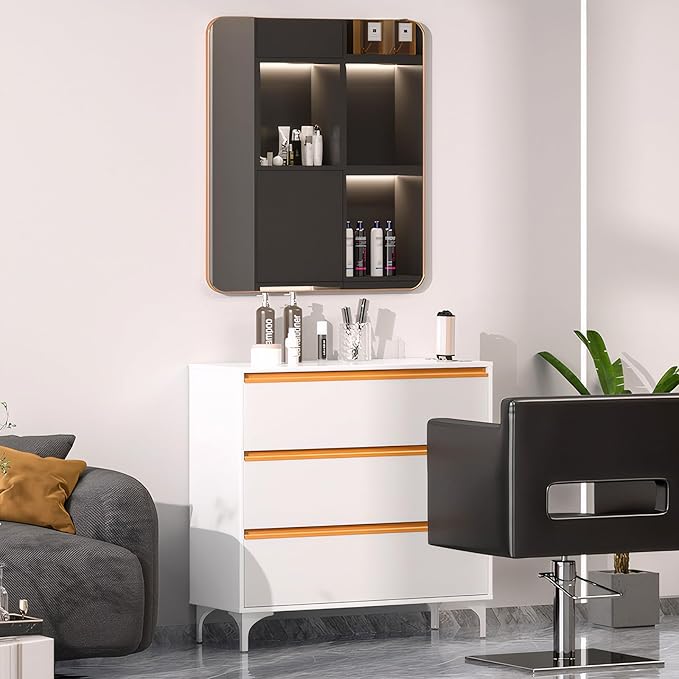 OmySalon Salon Station for Hair Stylists, Free Standing Barber Cabinet with 3 Drawers, Hair Dryer Holders & Square Mirror, Modern Beauty Vanity for Salon, Spa, White Gold