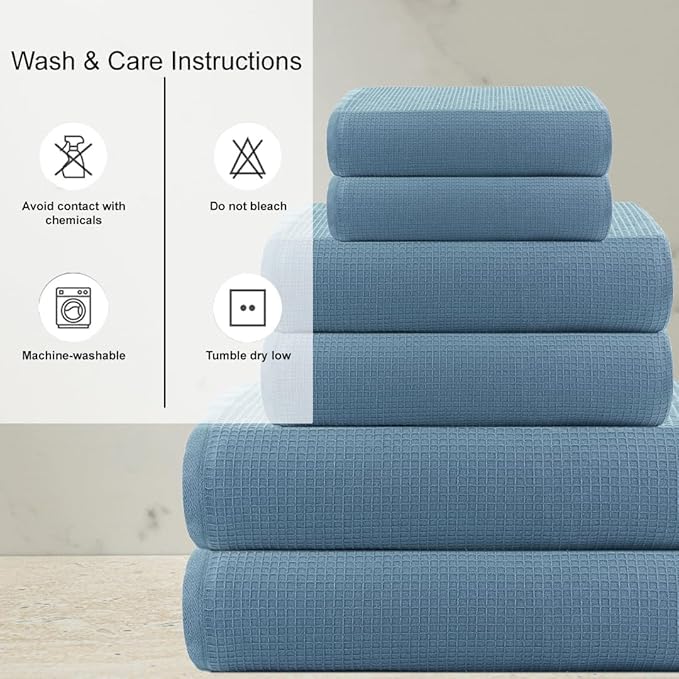 CASA COPENHAGEN Wafffle 4Pcs 100% Egyptian Cotton Large Designer Towels Gift Set- Dusty Blue, 55"x27", 4Bath Towels for Bathroom (Box Pack, Set for Women & Men)