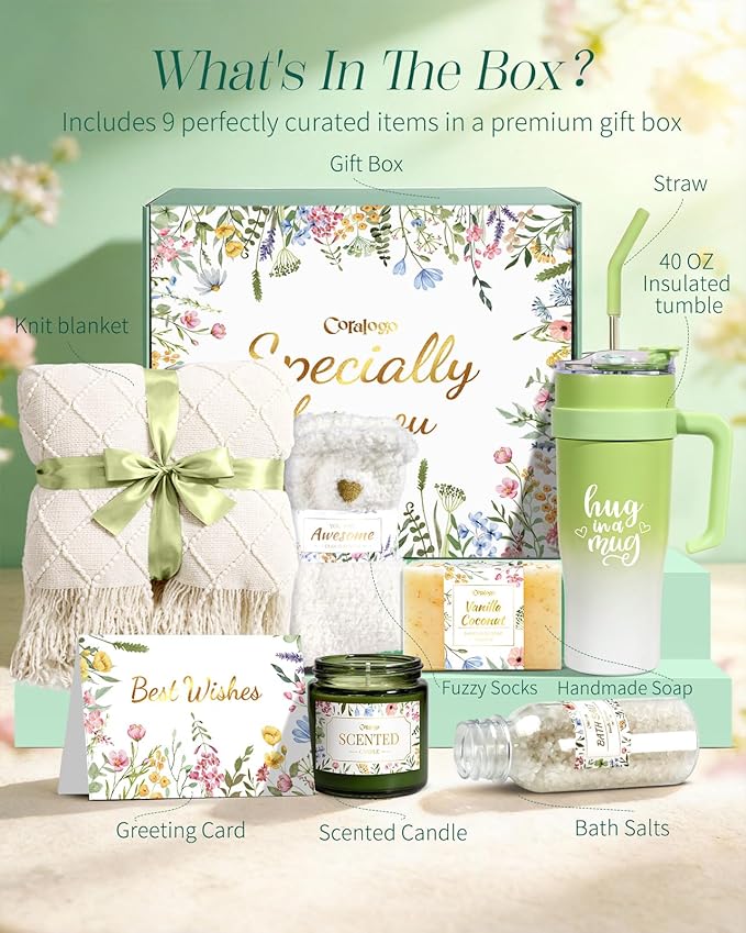 Coralogo Mothers Day Gift Basket for Women - Unique Spa Self Care Gifts for Women with White Blanket, 40oz Tumbler, Spa Gift Baskets for Her Birthday, Get Well, Mothers Day, Thinking of You