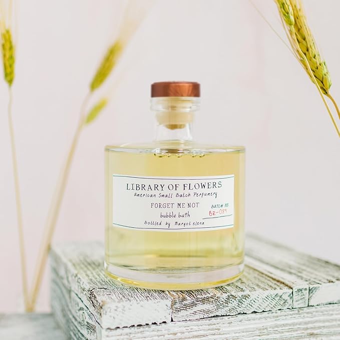 Library of Flowers Forget Me Not Bubble Bath, Osmanthus, Rice Powder & White Orchid Storied Fragrance, 17 fl. oz. Luxury Hydrating Bubbling Soap, Richly Scented Bath and Body Product