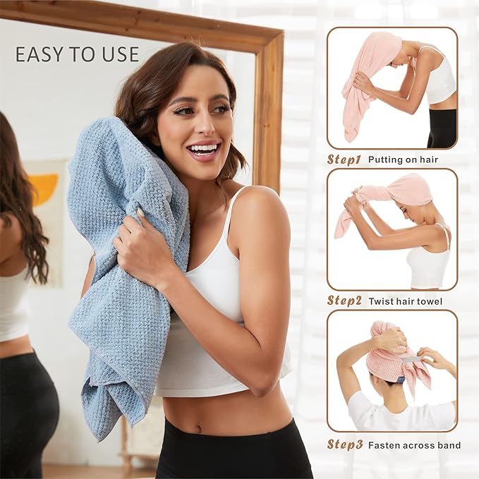 Large Microfiber Hair Towel Wrap for Women, Anti Frizz Hair Drying Towel with Elastic Strap, Fast Dry | Super Absorbent | Quick Dry Hair Turban for Wet, Curly, Long & Thick Hair -Blue