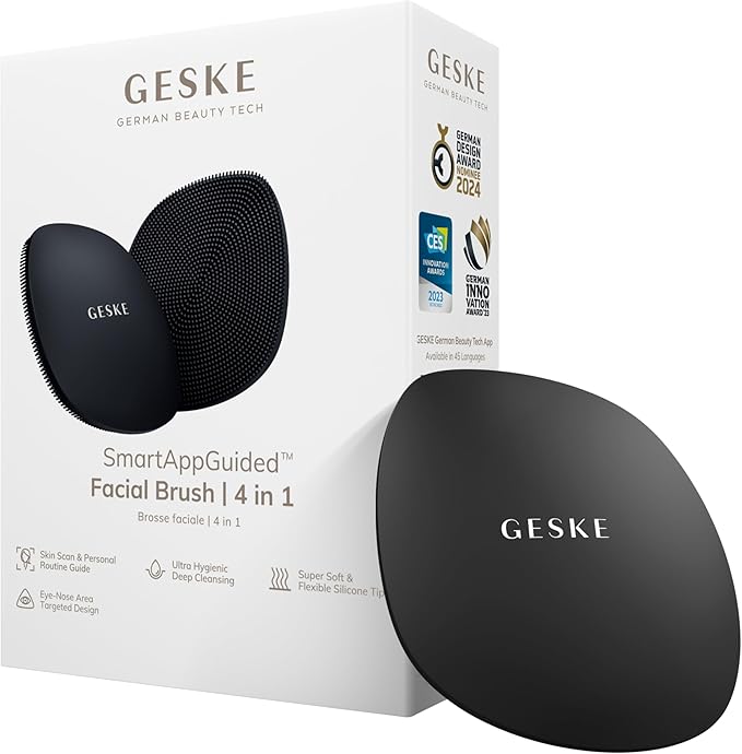 GESKE SmartAppGuided™ Facial Brush | 4 in 1 | Professional Facial Cleansing Brush | Skin Cleansing Silicone Facial Brush | Routine Skincare | Gentle Cleansing | Facial Cleanser