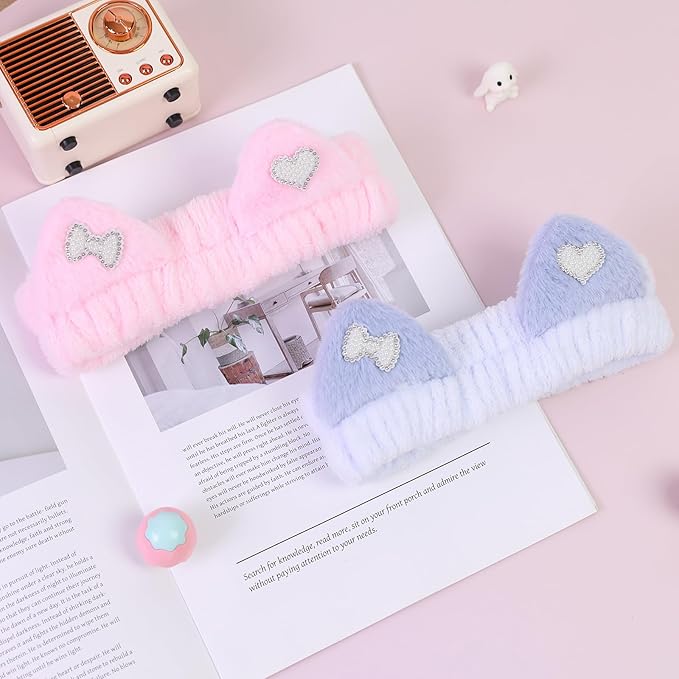 Kawaii Spa Headbands for Women Girls - 2 Pack Cute Cat Ear Soft Fleece Facial Headbands for Makeup, Skincare, Bath, Shower, Beauty and Face Washing, Blue+Pink Heart