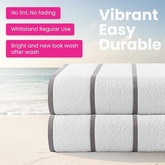 CASA COPENHAGEN Cabana Pool 4Pcs 100% Egyptian Cotton Large Designer Beach Towels Gift Set- White Silver, 500GSM, 55"x27", 4 Beach Bath Towels (Box Pack, Set for Women & Men)