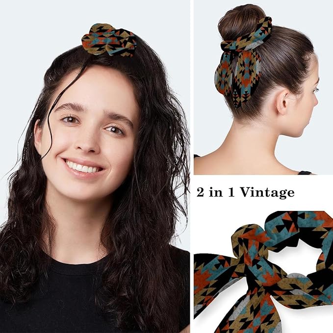 Ethnic Aztec Pattern Adjustable Scrub Cap Hat with Button, Working Hat Sweatband with Bow Hair Scrunchy for Woman