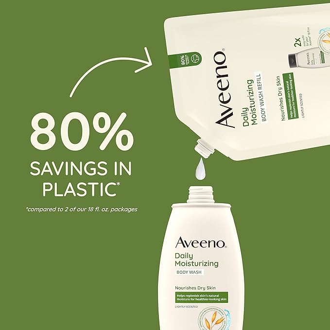 Aveeno Daily Moisturizing Body Wash for Sensitive Skin + Prebiotic Oat, Gently Cleanses, Nourishes & Feels Moisturizing Dry Skin, Light Fragrance, Refill Pouch, 36 fl. oz (Pack of 3)