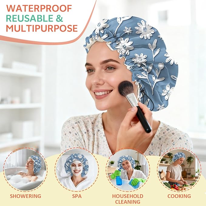 Shower Cap Reusable Double Layer Adjustable Elastic Waterproof EVA Hair Bath Caps for Women Girls Cute Aesthetic-White Flower
