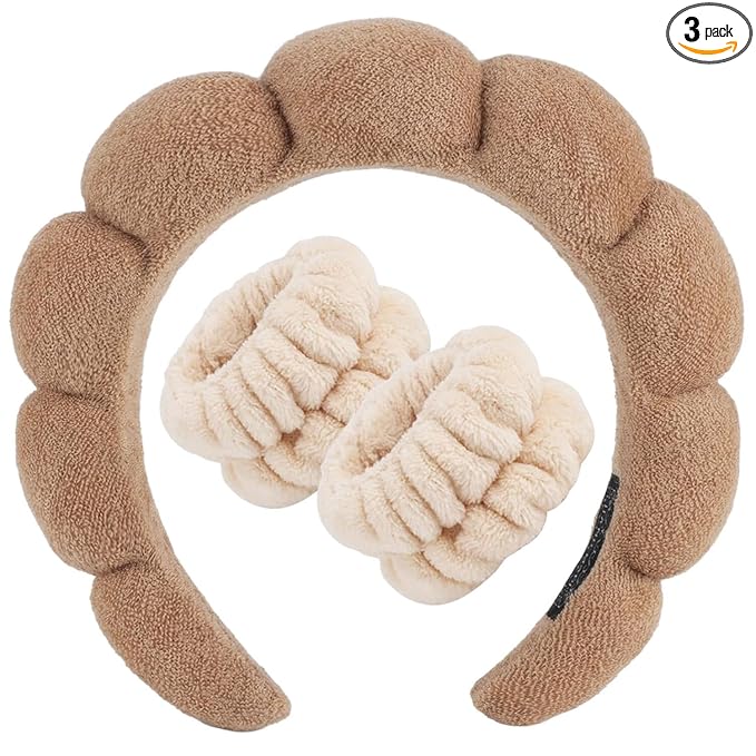 Zkptops Spa Headband for Washing Face Wristband Set Sponge Makeup Skincare Terry Cloth Bubble Soft Get Ready Hairband for Women Girl Puffy Padded Headwear Non Slip Thick Hair Accessory(Brown-2)