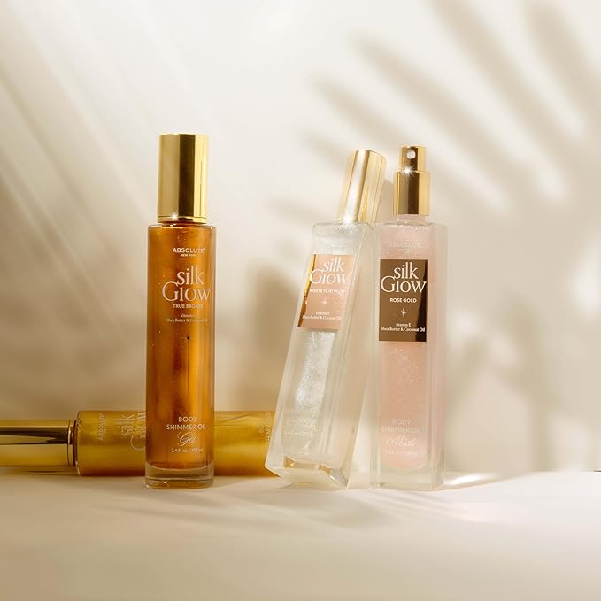 Absolute New York - Silk Glow Shimmer Mist Glow, Radiant, Shimmer Body & Face & Hair, Shea Butter, Coconut Oil, Vitamin E (SBGS05 Champagne Gold Oil Gel, 3.4 fl oz)