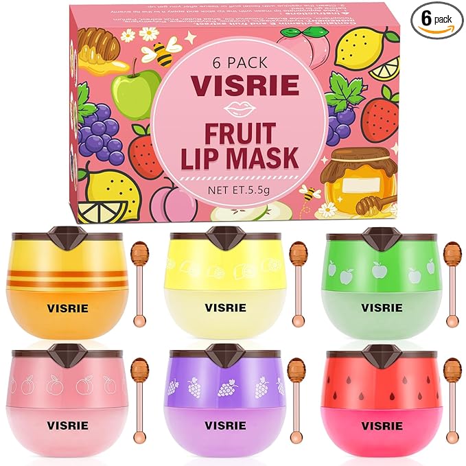 VISRIE 6 PCS Bee Lip Balm Lip Mask Honey Pot, Valentines Day Gifts, Moisturizing Lip Sleeping Mask for Dry Chapped Lips with Propolis, Honey Balm Lip Balm with Stick