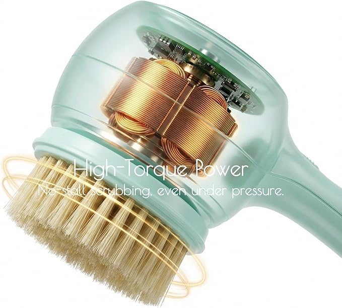 Electric Dry Brushing Body Brush for Lymphatic Drainage: Natural Bristle 5-in-1 Dry Brush with Handle for Cellulite, Exfoliating, Waterproof Back Shower Scrubber for Men/Women