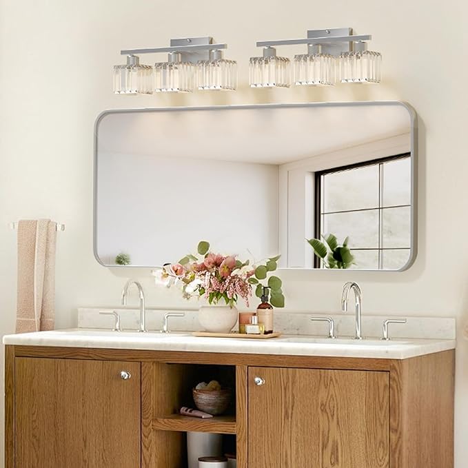 comzler 3-Light Bathroom Light Fixtures Over Mirror, Brushed Nickel Crystal Wall Sconce with E26 Base for Mirror Kitchen Living Room Bathroom, Square Crystal Shades (Bulbs Excluded)