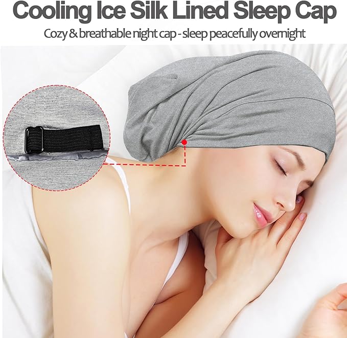 Sleep Cap Bonnet for Sleeping, Adjustable Cooling Ice Silk Lined Hair Bonnets for Natural Curly Braids Beanie Hat Women Men