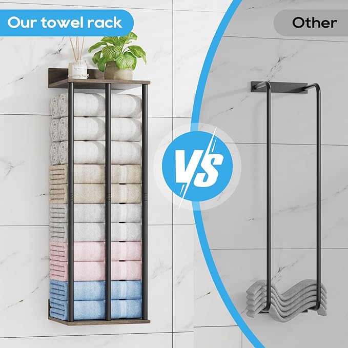 Towel Racks for Bathroom Wall Mounted with Wooden Storage Shelf, Updated 3 Bar Metal Towel Holder for Rolled Towels, Sturdy and Large Capacity, Towel Storage Organizer