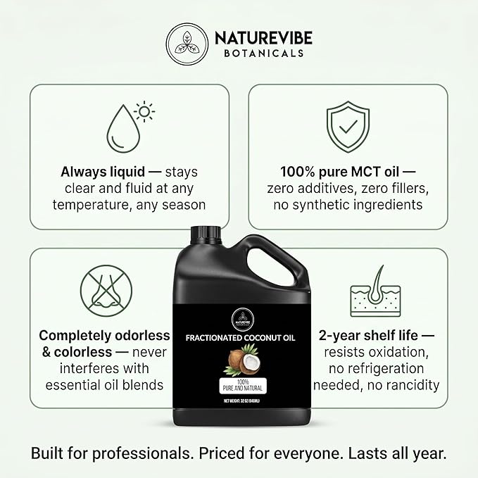 Naturevibe Botanicals Fractionated Coconut Oil 32 Ounces | 100% Pure and Natural | Great for Skin Care and Hair Care