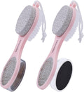 Foot File Callus Remover 5-in-1, 2 Pcs Feet Scraper Pedicure Tools with Pumice Stone, Scrubber Brush, Stainless Steel Foot Rasp and Sand Paper Debris Catcher, Multi Purpose, Pink