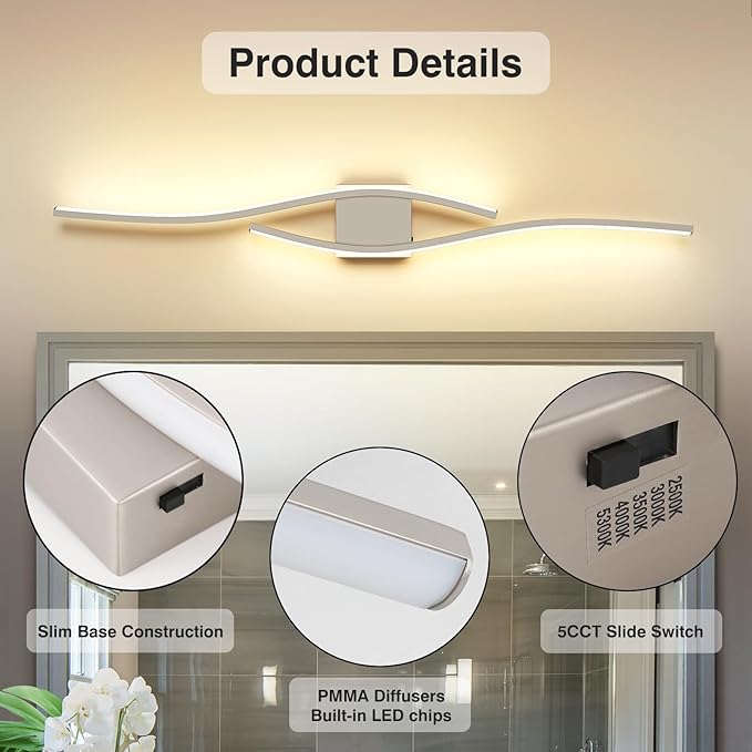 Joossnwell Bathroom Vanity Light Modern Bathroom Lighting Fixture Over Mirror Brushed Nickel 5CCT Dimmable Led Bath Vanity Light Bar 31.5 Inch