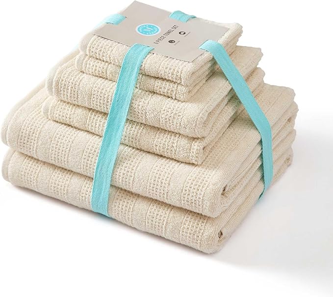 Martha Stewart - Bath Towels, Soft & Absorbent 100% Cotton Towels, Solid 500 GSM, 6-Piece Bathroom Towel Set with Textured Weave (Bedford Cottage Beige)