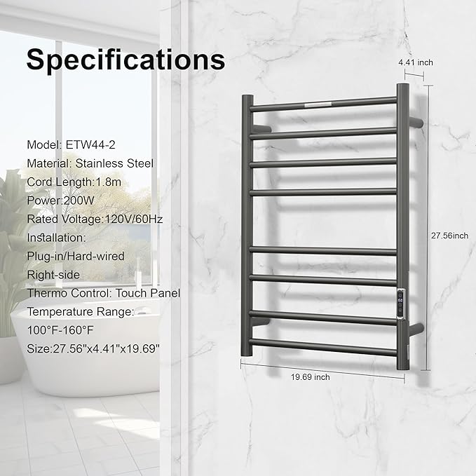 Electric Heated Towel Warmer - Wall Mounted Bathroom Towel Rack, Plug-in Design & Brushed Stainless Steel Finish 8 Bar Gunmetal with Timer & Temperature Control