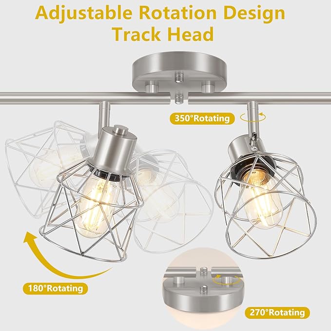 Baocuz 4-Light Kitchen Lighting Fixtures, Adjustable Multi-Directional Brushed Nickel Track Ceiling Light, Semi Flush Mount Ceiling Spotlight with Wire Cages for Living Room, Bedroom, Hallway