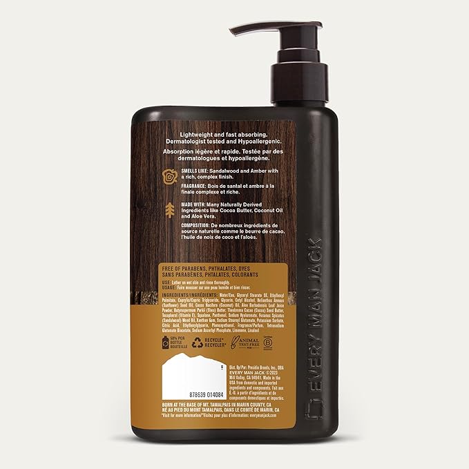 Every Man Jack Mens Amber + Sandalwood Hand & Body Lotion for All Skin Types - Dermatologist Tested & Hypoallergenic - Nourish Skin with Lightweight Fast Absorbing Lotion - 13.5oz (2 Pack)