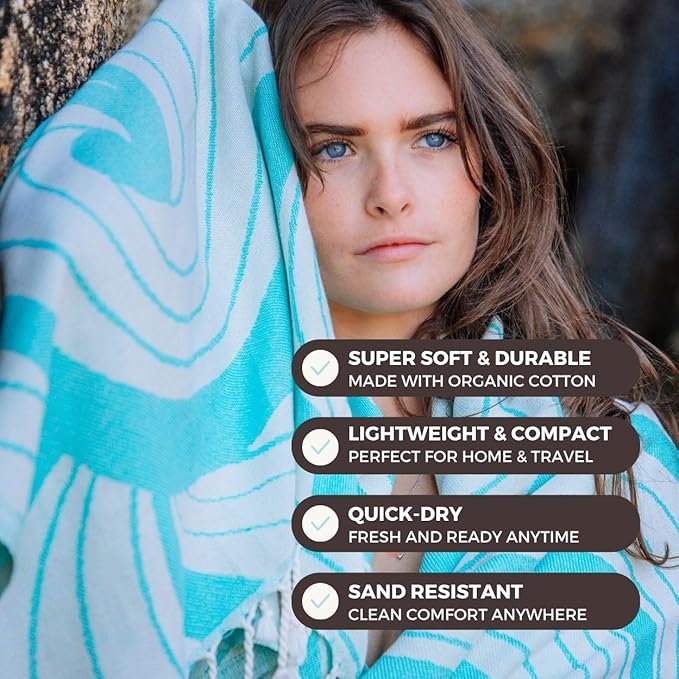 FESHKA Sand Proof Turkish Beach Towel – Oversized, Quick Dry & Lightweight Travel Towel - 100% Organic Cotton Beach Blanket - Perfect for Bath, Pool & Picnic | Summer Waves (Turquoise)