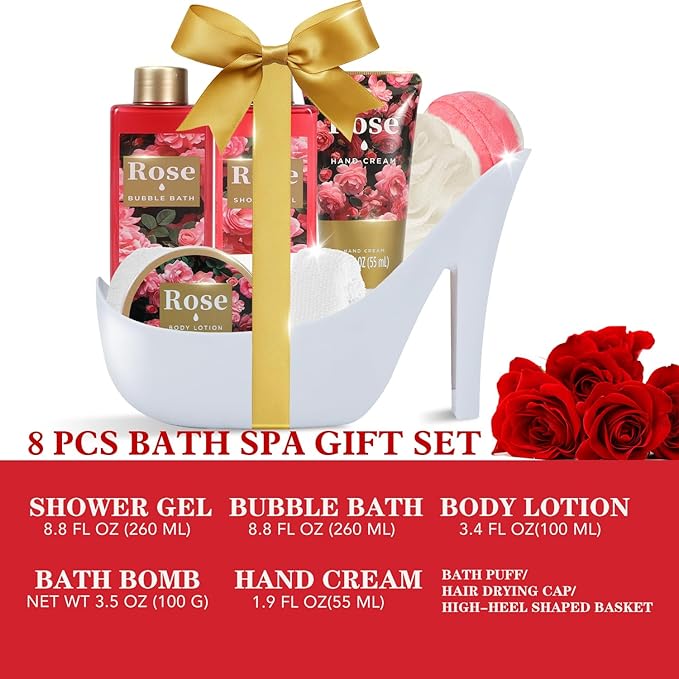 Spa Luxetique Gifts for Women High Heel Gift Set for Women 8pcs Bath Sets Romantic Rose Home Spa Kits for Wife Girlfriend Mom Grandma Mothers Day Gifts