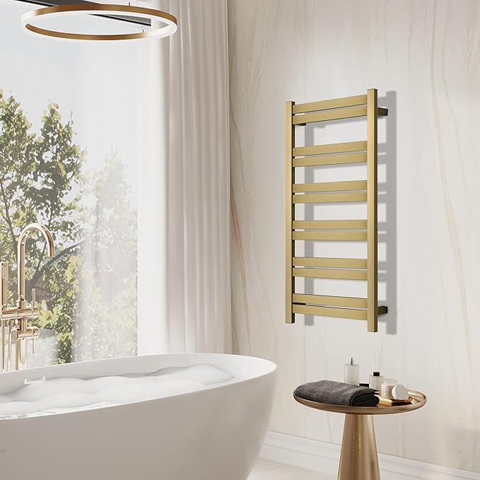 Electric Towel Warmer - Wall Mounted Bathroom Heated Towel Rack, Plug-in Design & Brushed Stainless Steel Finish Gold