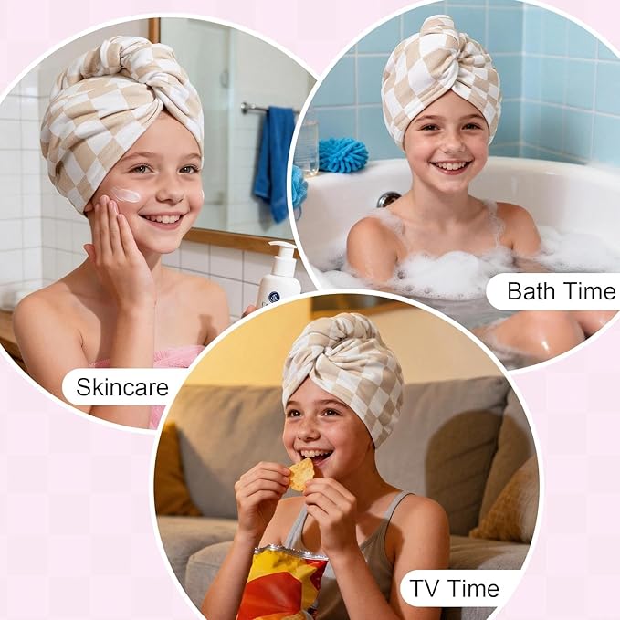 2 Pack Microfiber Hair Towel Wrap for Girls, Quick Dry Hair Turban for Kids, Absorbent Frizz-Free Hair Drying Towel with Button for Long Thick Curly Hair, Pink Brown Checkered