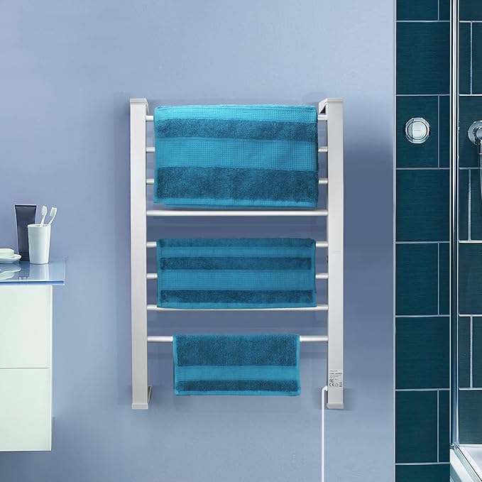 ELEGANTLIFE Electric Towel Warmer for Bathroom, Heated Towel Rack with Timer & Auto Shut-Off, Freestanding or Wall-Mounted Aluminum 8-Bar Design for Towels and Bath Sheets